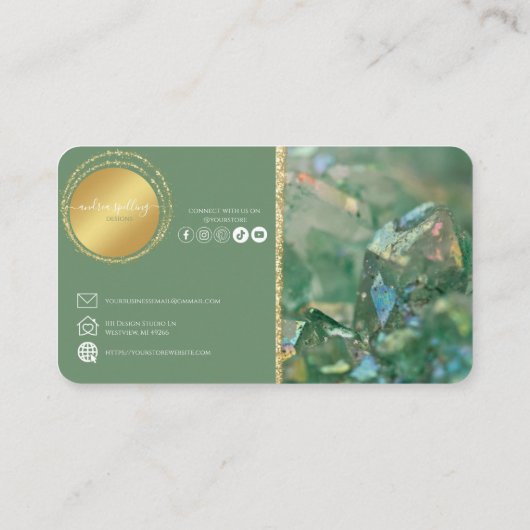 Moderne Visitekaartjes met groene en goudkristal (Achterkant)