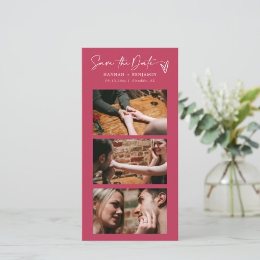 Moderne Viva Magenta Photo Booth Strip QR-code Save The Date (Staand voorkant)