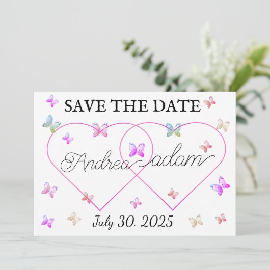 Moderne Vliegende Vlinders Hart Save The Date (Staand voorkant)