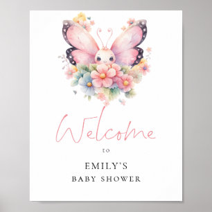 Moderne Vlinder Bloemen Welkom Baby Shower Poster