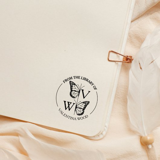 Moderne Vlinder Monogram Bibliotheek Boek Rubberstempel