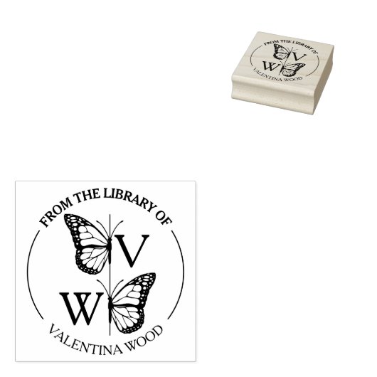 Moderne Vlinder Monogram Bibliotheek Boek Rubberstempel (Gestempeld)