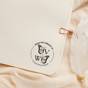 Moderne Vlinder Monogram Bibliotheekboek Rubberstempel