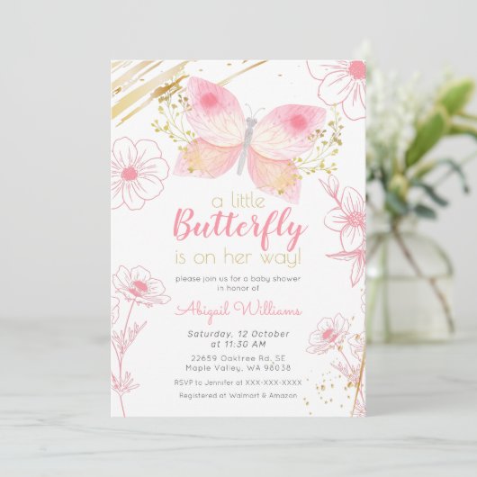 Moderne vlinderbloemige roze gouden Baby shower Kaart (Staand voorkant)