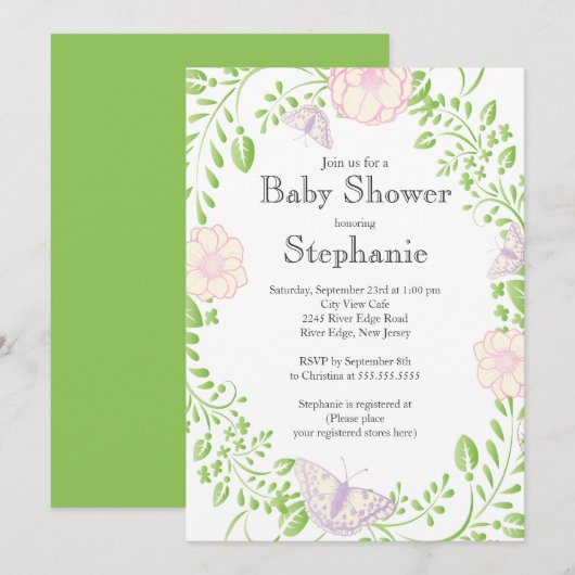  moderne vlinderbloemigen Baby shower Kaart (Voorkant / Achterkant)