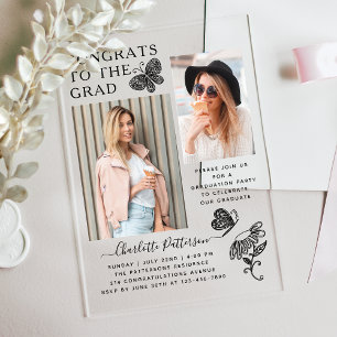 Moderne Vlinderfoto Afstudeerfeest Acryl Uitnodigingen