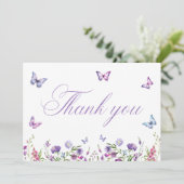 Moderne Vlinders Bloemig Paars Bruidsfeestje Bedankkaart (Staand voorkant)