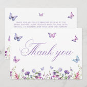 Moderne Vlinders Bloemig Paars Bruidsfeestje Bedankkaart (Voorkant / Achterkant)