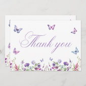 Moderne Vlinders Bloemig Paars Bruiloft Feest Bedankkaart (Voorkant / Achterkant)