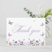 Moderne Vlinders Bloemig Paarse Bruidsdouche Bedankkaart (Staand voorkant)