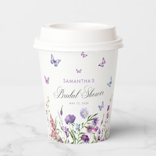 Moderne vlinders bloemig Paarse Vrijgezellenfeest Papieren Bekers (Achterkant)