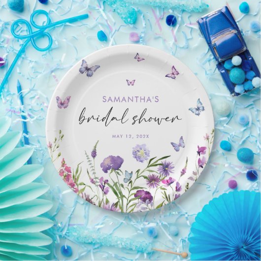Moderne vlinders bloemig Paarse Vrijgezellenfeest Papieren Bordje (Feest)