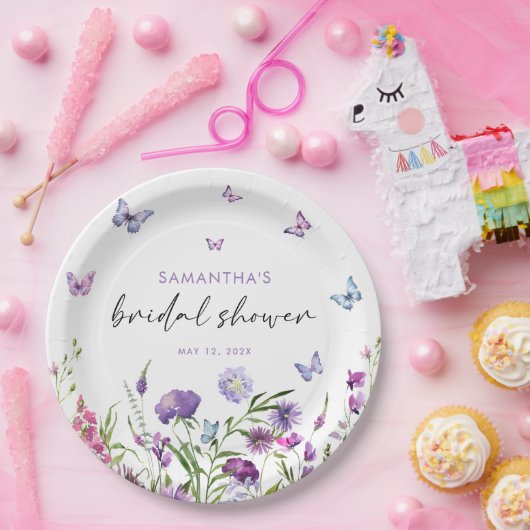 Moderne vlinders bloemig Paarse Vrijgezellenfeest Papieren Bordje (Feest)