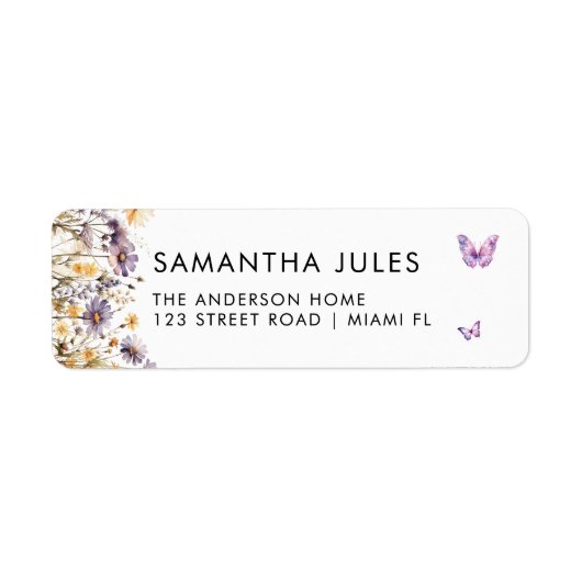 Moderne vlinders Paarse bloemen retouradres Etiket (Voorkant)