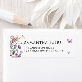 Moderne vlinders Paarse bloemen retouradres Etiket