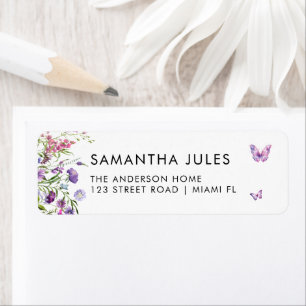 Moderne vlinders Paarse bloemen retouradres Etiket