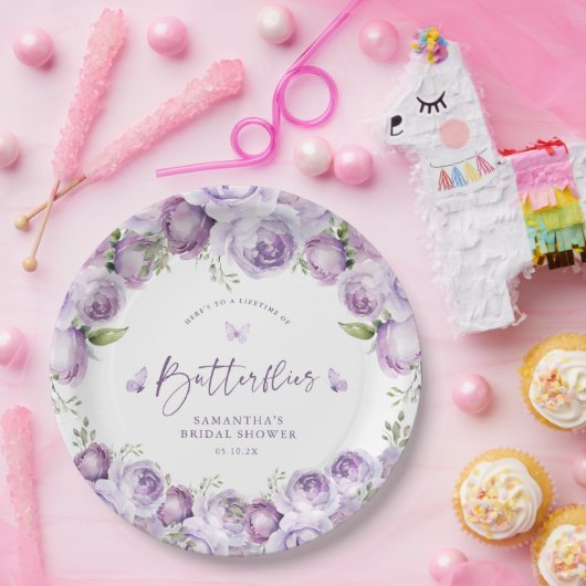 Moderne vlinders Paarse bloemen Vrijgezellenfeest Papieren Bordje (Feest)