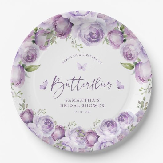 Moderne vlinders Paarse bloemen Vrijgezellenfeest Papieren Bordje (Voorkant)