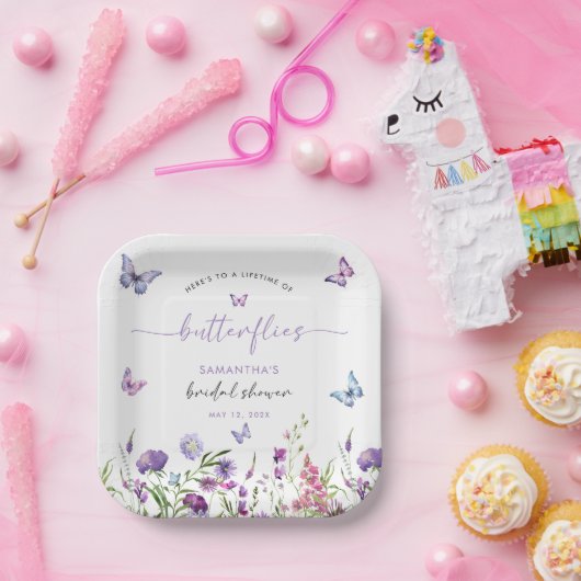 Moderne vlinders Paarse bloemen Vrijgezellenfeest Papieren Bordje (Feest)