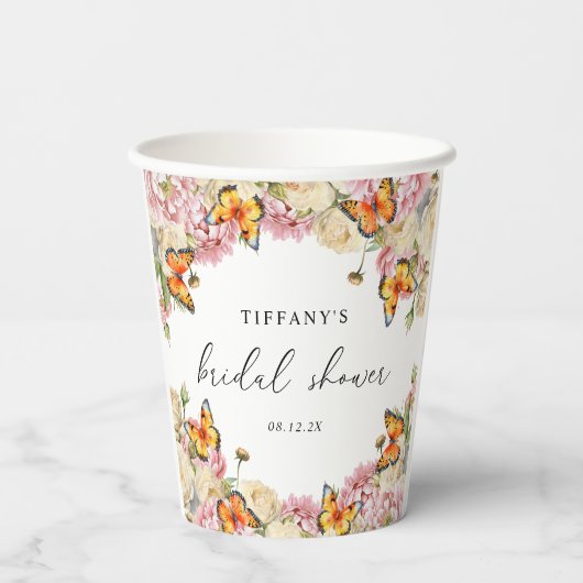 Moderne Vlinders Roze Pioenrozen Bruidsdouche Papieren Bekers (Achterkant)