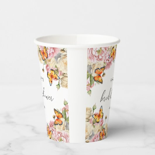 Moderne Vlinders Roze Pioenrozen Bruidsdouche Papieren Bekers (Links)