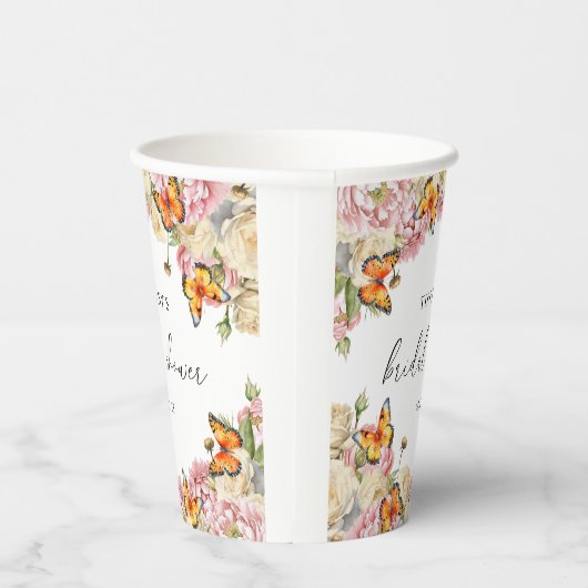Moderne Vlinders Roze Pioenrozen Bruidsdouche Papieren Bekers (Rechts)