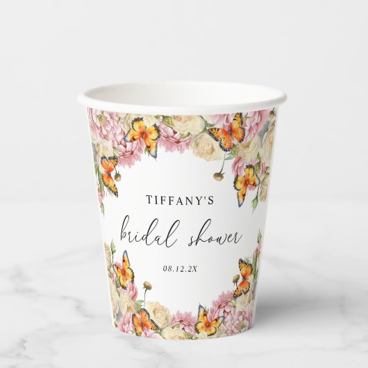 Moderne Vlinders Roze Pioenrozen Bruidsdouche Papieren Bekers (Voorkant)