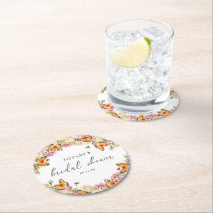 Moderne Vlinders Roze Pioenrozen Bruidsdouche Ronde Kartonnen Onderzetter