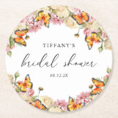 Moderne Vlinders Roze Pioenrozen Bruidsdouche Ronde Kartonnen Onderzetter (Voorkant)