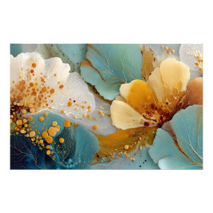 Moderne Vloeibare Abstracte Turkoois Gouden Bellen Foto Afdruk