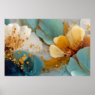 Moderne Vloeibare Abstracte Turkoois Gouden Bellen Poster