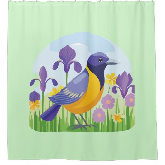Moderne Vogel met Iris Bloem Patroon Douchegordijn (Voorkant)