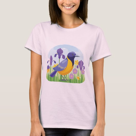 Moderne vogel met irisbloemen cool t-shirt (Voorkant)