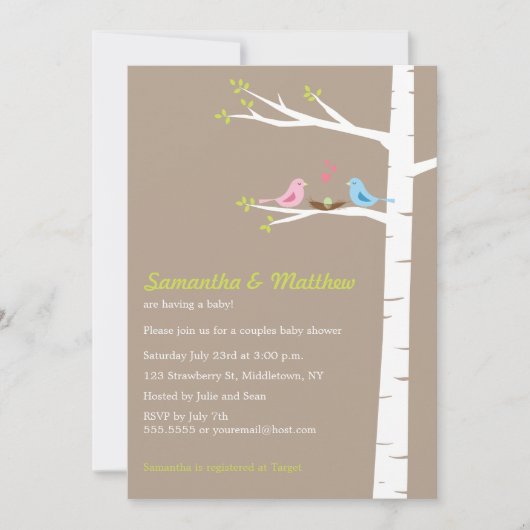 Moderne vogelparen Baby shower Uitnodiging neutraa (Voorkant)