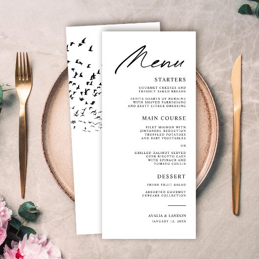 Moderne Vogels van een Veer Zwart-Wit Bruiloft Menu