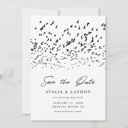 Moderne Vogels van een Veer Zwart-Wit Bruiloft Save The Date (Voorkant)