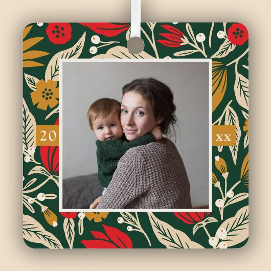 Moderne volkskunst Bloemen Foto Kerstvakantie Metalen Ornament