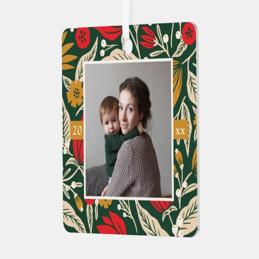 Moderne volkskunst Bloemen Foto Kerstvakantie Metalen Ornament (Voorkant links)