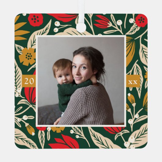 Moderne volkskunst Bloemen Foto Kerstvakantie Metalen Ornament (Achterkant)