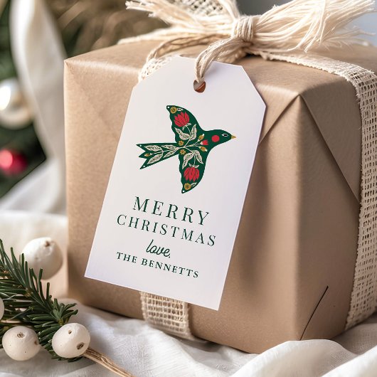 Moderne volkskunst Bloemenvogel Kerstvakantie Cadeaulabel