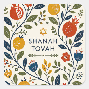 Moderne Volkskunst Shana Tovah Botanisch Vierkante Sticker