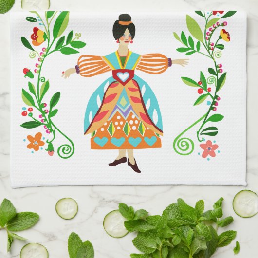 Moderne volkskunst stijl Bloemenmeisje Tangerine Theedoek (Gevouwen)