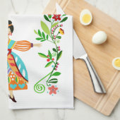 Moderne volkskunst stijl Bloemenmeisje Tangerine Theedoek (Quarter Fold)