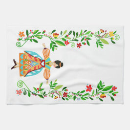 Moderne volkskunst stijl Bloemenmeisje Tangerine Theedoek