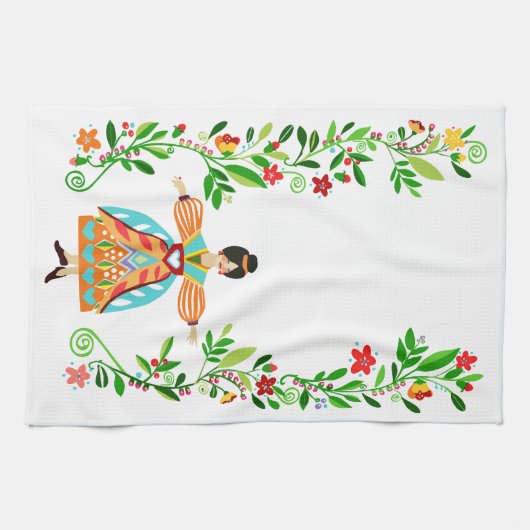 Moderne volkskunst stijl Bloemenmeisje Tangerine Theedoek (Horizontaal)