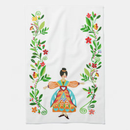 Moderne volkskunst stijl Bloemenmeisje Tangerine Theedoek