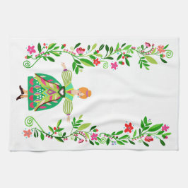 Moderne volkskunst stijl roodharige Bloemenmeisje Theedoek