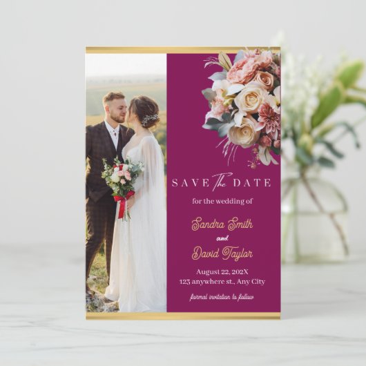 Moderne volledige foto dubbelzijdig Save the Date (Staand voorkant)