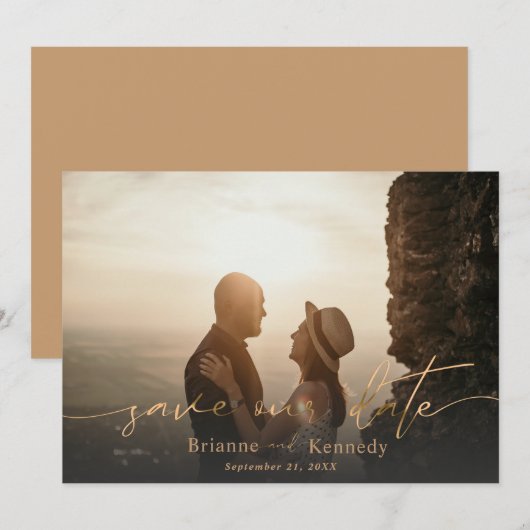 Moderne, volledige foto- en tekenscript in Gold Save The Date (Voorkant / Achterkant)