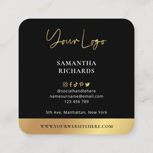 Moderne volledige foto zwart & Gold Trendy Influen Vierkante Visitekaartje (Achterkant)